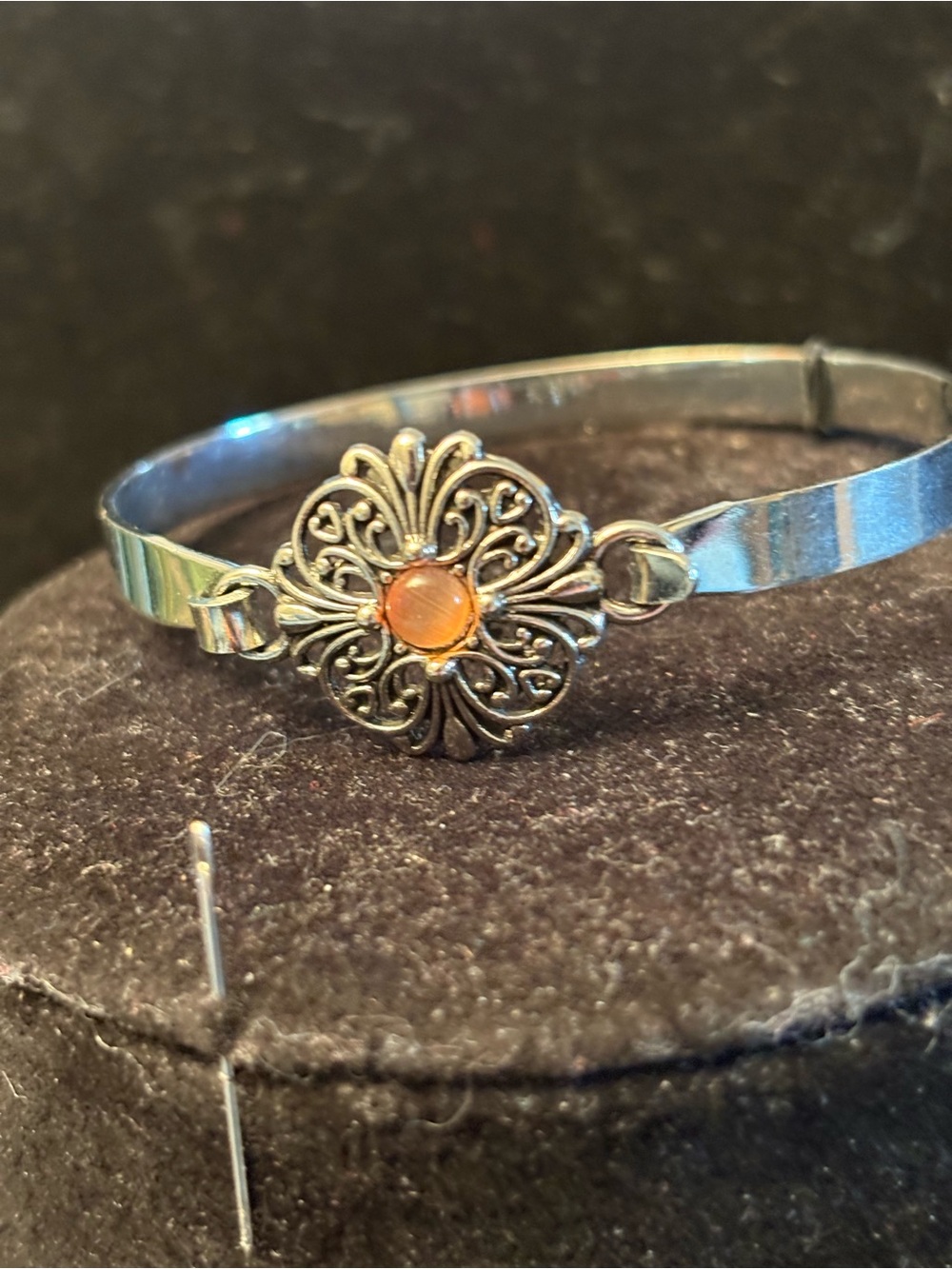 Silver-Tone Filigree Bracelet with Peach Cabochon